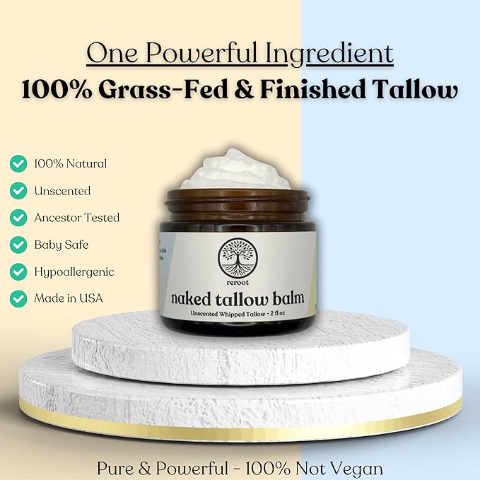 Beef Tallow Balm for Skin | NAKED TALLOW BALM | 1 Ingredient - 100% Grass Fed Tallow | Whole Body & Face Moisturizer | Whipped & UNSCENTED for Sensititve Dry Skin, Babies, Eczema, Psoriasis(2oz)