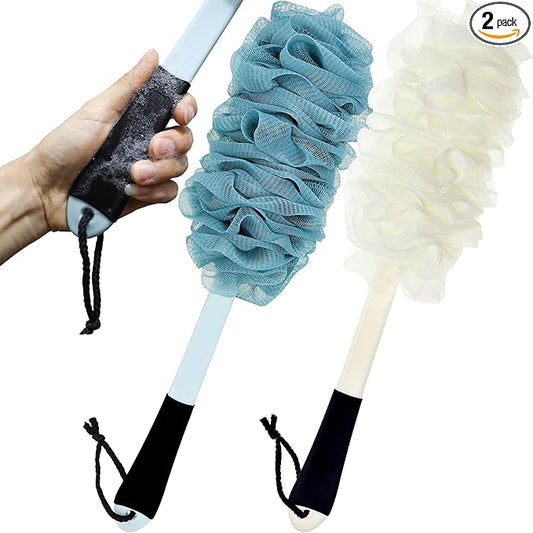 2Pack Back Scrubber for Shower, Loofah with Handle, Back Loofah Non-Slip Handle, Bath Body Brush, Scrub Cleaning Brush for Shower, Soft Mesh Sponge On a Stick for Men Women Elderly (Blue and White)