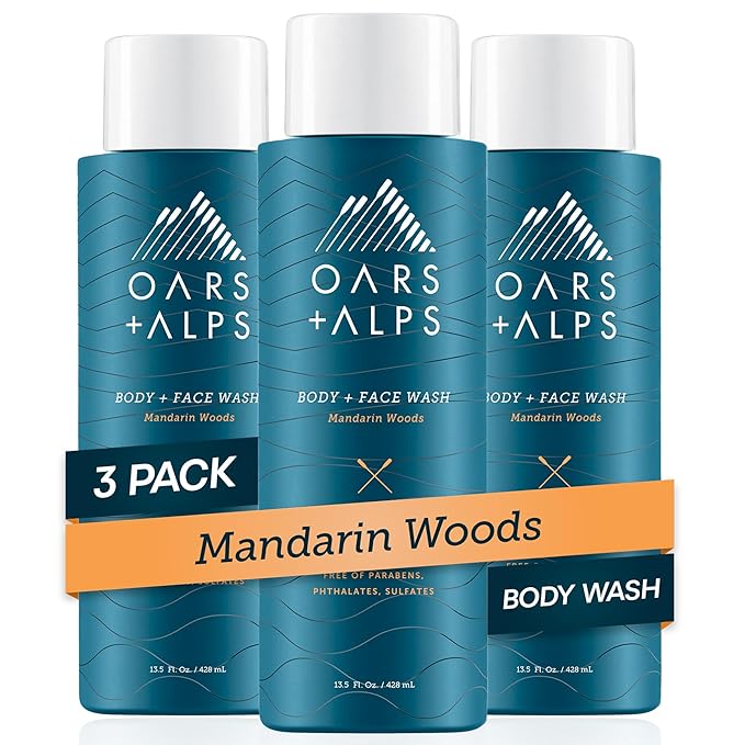 Oars + Alps Mens Moisturizing Body and Face Wash, Skin Care Infused with Vitamin E and Antioxidants, Sulfate Free, Mandarin Woods, 13.5oz, 3 Pack