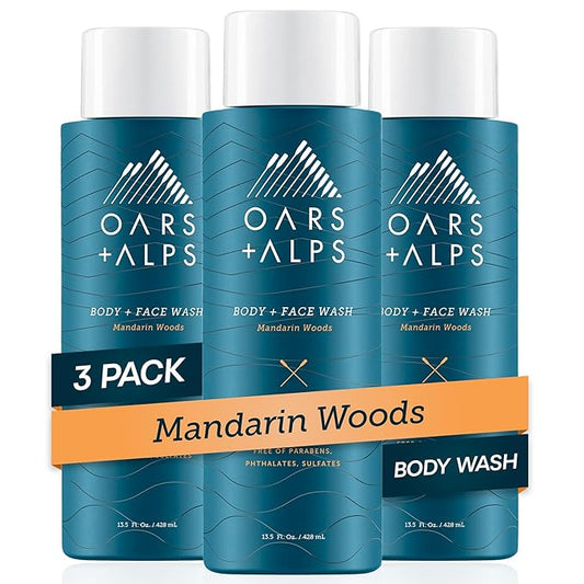 Oars + Alps Mens Moisturizing Body and Face Wash, Skin Care Infused with Vitamin E and Antioxidants, Sulfate Free, Mandarin Woods, 13.5oz, 3 Pack