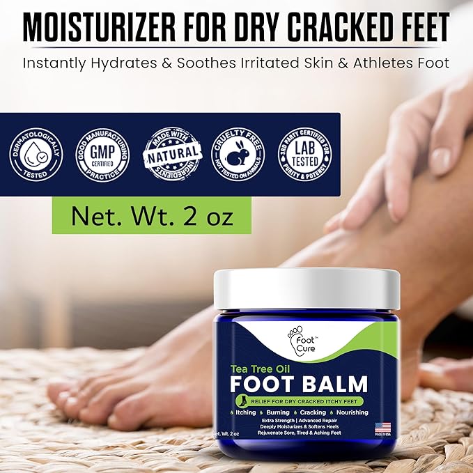 FOOT CURE Tea Tree Oil Balm – Moisturizer for Dry Cracked Feet – Instantly Hydrates & Soothes Irritated Skin & Athlete's Foot – Best Foot Care for Women and Men (Pack of 2)