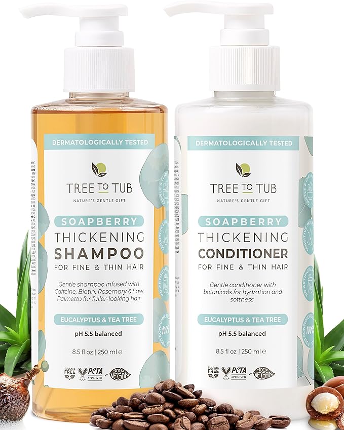 Tree To Tub Volumizing Biotin Shampoo and Conditioner Set - Activating Caffeine for Fuller Hair, Thickening Shampoo and Conditioner for Women & Men, Sulfate Free w/Natural Soapberry Organic Argan Oil