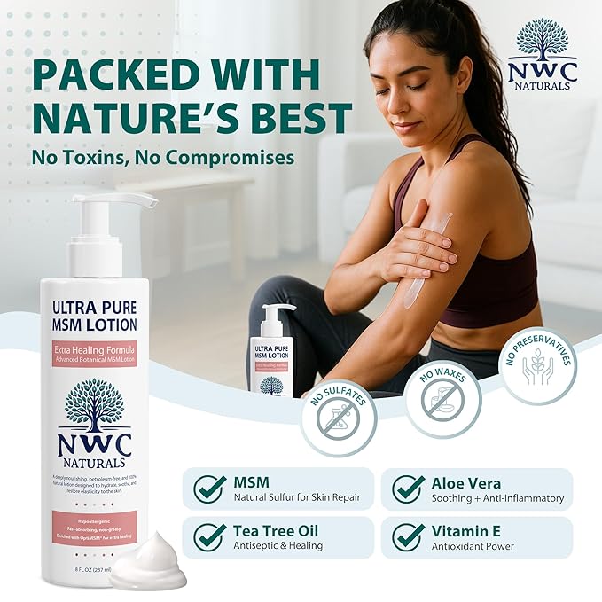 NWC Naturals UltraPure MSM Lotion All Natural Hypoallergenic ExtraHealing Nourishing Body Lotion by, 8 Fl Ounces