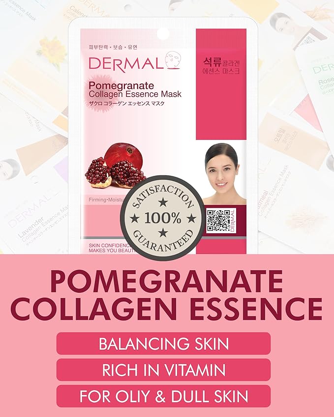 DERMAL Pomegranate Collagen Korean Facial Mask Sheet Pack of 10- Revitalizing, Vibrant Skin, Elasticity - Hypoallergenic Skin Friendly Sheet