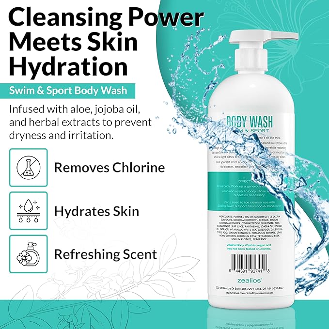 Zealios Swim & Sport Body Wash for Swimmers & Athletes 32oz Skin Care Solution for Men & Women, Removes Chlorine, Sweat & Odor, Provides Cleansing and Hydration from Pool Chemicals, Light Citrus Scent