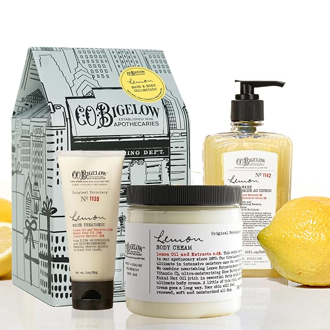 C.O. Bigelow Apothecary Trio Bath & Body Care Gift Set, Lemon Soap, Lemon Hand Treatment & Body Cream, Liquid Hand Wash & Moisturizing Lotions, Set of 3