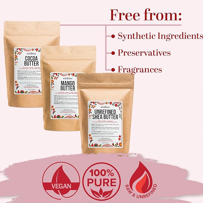 Better Shea Butter Set of Raw Shea Butter, Raw Mango Butter, Unrefined Cocoa Butter For Soap Making and DIY Body Butters, Lip Balms, Body Lotions - Each Butter is 16 oz Making 48 oz Total (3-Pack Set)