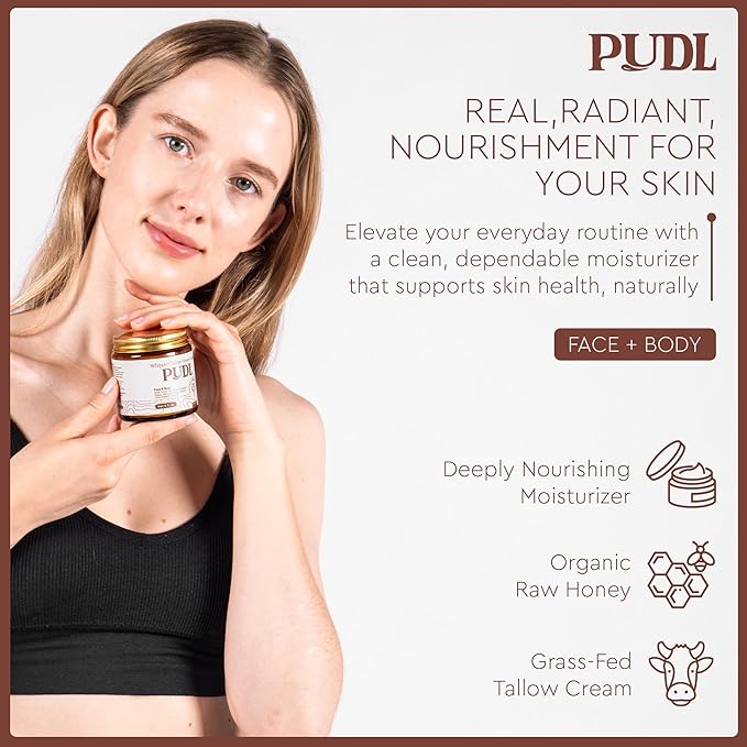 PUDL Grass Fed Beef Tallow for Skin Care with Manuka Honey, Organic Olive Oil and Jojoba Oil – Whipped Lotion Balm Anti-Aging Moisturizer Deeply Nourishing for Sensitive Skin Face & Body