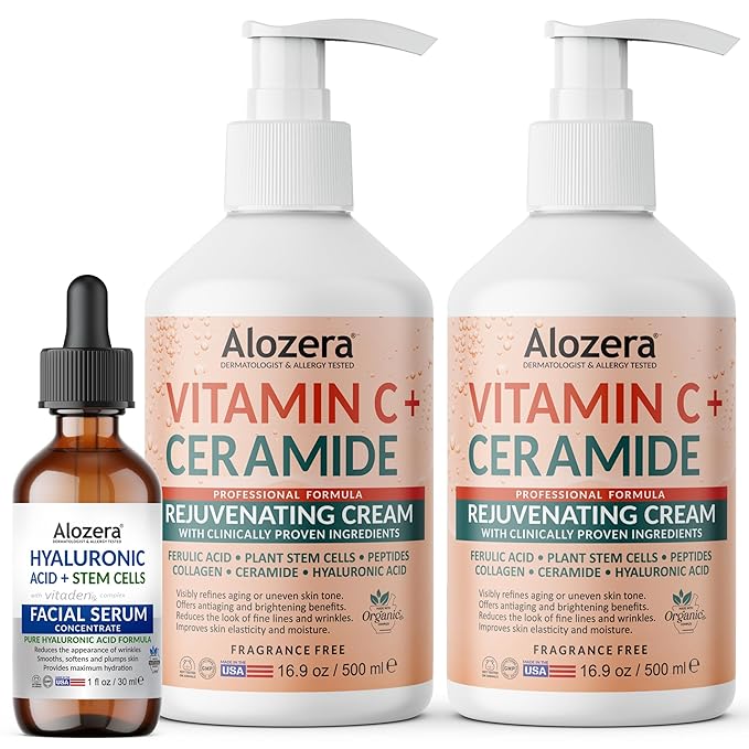 Alozera Vitamin C Body Lotion (2-Pack) and Hyaluronic Acid Serum with Ceramides and Stem Cells – Hydrating and Rejuvenating Skincare Duo for Face, Neck and Body, Lightweight, Fragrance-Free, Made in U