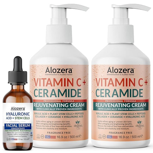 Alozera Vitamin C Body Lotion (2-Pack) and Hyaluronic Acid Serum with Ceramides and Stem Cells – Hydrating and Rejuvenating Skincare Duo for Face, Neck and Body, Lightweight, Fragrance-Free, Made in U