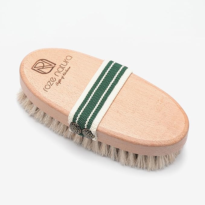 Dry Brushing Body Brush by ROZE NATURA, Natural Horsehair Exfoliating and Cleansing, Soft Bristles for Gentle Body Scrubbing and Skin Care, Tan/Green