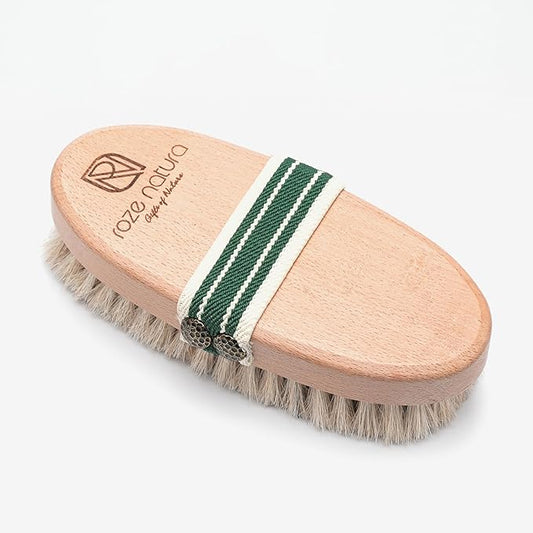 Dry Brushing Body Brush by ROZE NATURA, Natural Horsehair Exfoliating and Cleansing, Soft Bristles for Gentle Body Scrubbing and Skin Care, Tan/Green