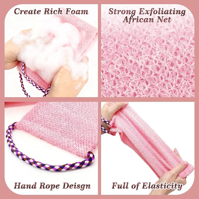 Manmihealth Dual-Sided Silicone Body Scrubber Scalp Massager & African Bath Sponge Net Set, 2-in-1 Silicone Shower Shampoo Brush Africa Wash Net Combination, Lather Well,Strong Exfoliating(Black+Pink)