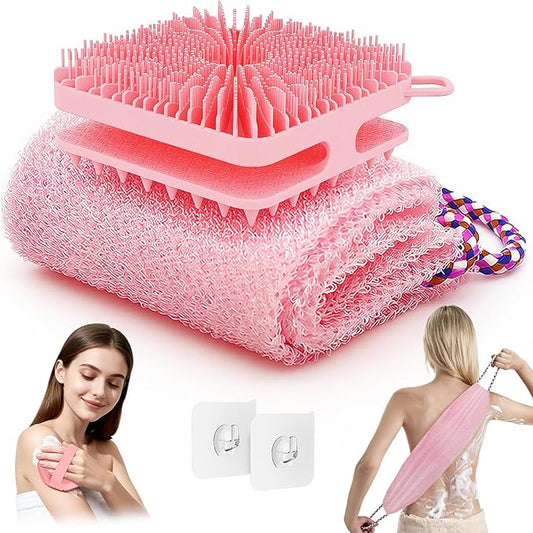 Manmihealth Dual-Sided Silicone Body Scrubber Scalp Massager & African Bath Sponge Net Set, 2-in-1 Silicone Shower Shampoo Brush Africa Wash Net Combination, Lather Well, Strong Exfoliating (Pink)