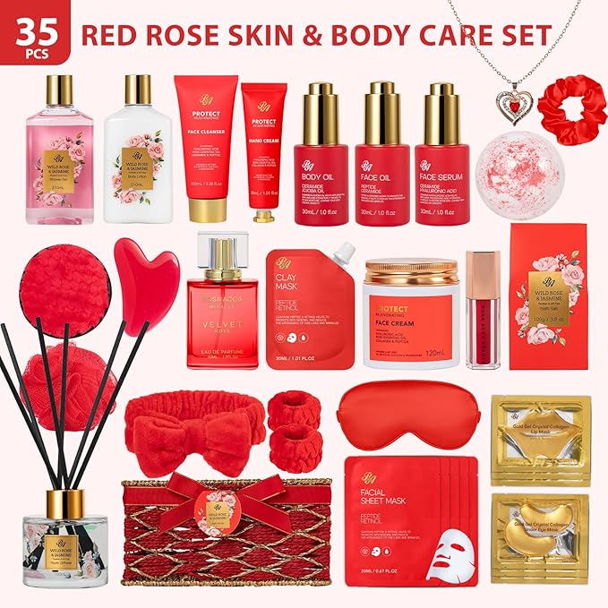 35 Pcs Christmas Gift for Women, Red Rose Bath and Body Basket Gift, Face Skin Care Kit, Home Spa Self Care, Lip Gloss, Diffuser, Necklace, Birthday, Valentines, Mother Day, Bridal Shower, Anniversary