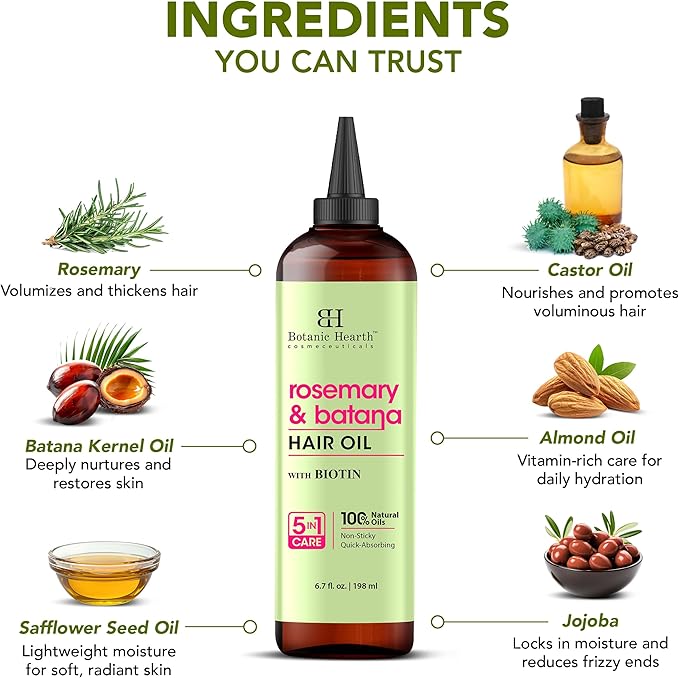 Botanic Hearth 100% Pure Rosemary Batana Oil for Hair Growth| Hair Oil Repairs Dry Damaged Hair, Strengthening, Healthier - Hair Tonic, 6.7fl oz
