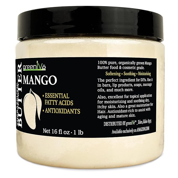 GreenIVe Deodorized Mango Butter Chuncks 100% Pure Raw Unrefined Natural Creamy Skin Hair Moisturizer Hydrating Body Butter Lotion Lip Balm Soap Making DIY Cosmetics Whipped Creams Food Grade 16oz