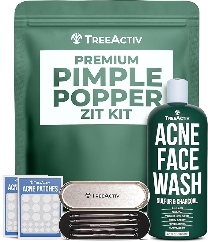 TreeActiv Pimple Popper Tool Kit with Face Wash and Acne Patches, Professional Blackhead Remover Tools Facial Kit, Stainless Steel Blackhead Extractor Tool, Blemish Blackhead & Whitehead Pimple Extr