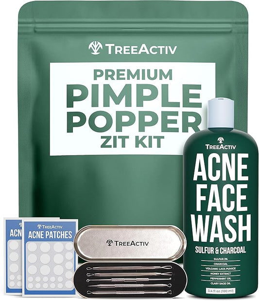 TreeActiv Pimple Popper Tool Kit with Face Wash and Acne Patches, Professional Blackhead Remover Tools Facial Kit, Stainless Steel Blackhead Extractor Tool, Blemish Blackhead & Whitehead Pimple Extr