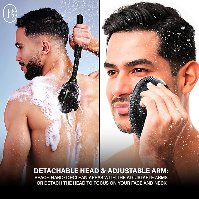 Bella Ciao Electric Back Scrubber for Shower & Face – Vibrating Silicone Body Brush, Exfoliating Loofah Cleaner with Extendable Handle, USB-C Rechargeable, IPX7 Waterproof Men’s Bath Massager (Black)