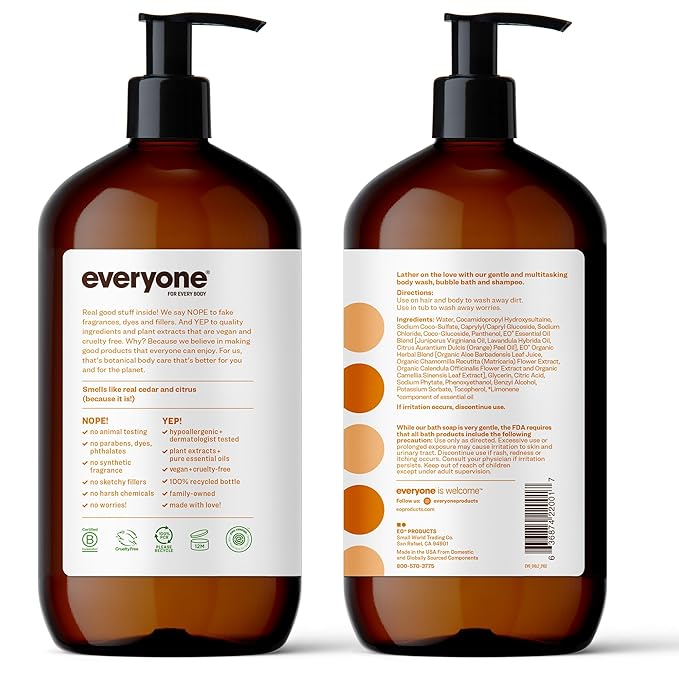 Everyone 3-in-1 Soap, Body Wash, Bubble Bath, Shampoo, 32 Ounce (Pack of 2), Cedar and Citrus, made with Essential Oils for Men and Women
