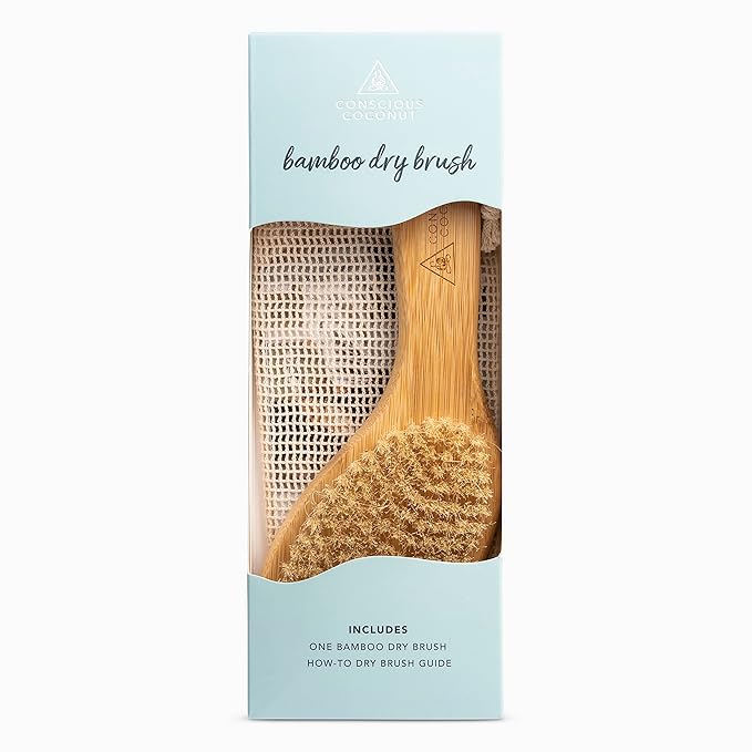 Dry Brush - Sustainable Bamboo Body Scrub Brush with Travel Bag and How-to Dry Brush Guide for Skin Care, Great Gift for Self Care, Exfoliating, Cellulite, Dry Skin - Conscious Coconut
