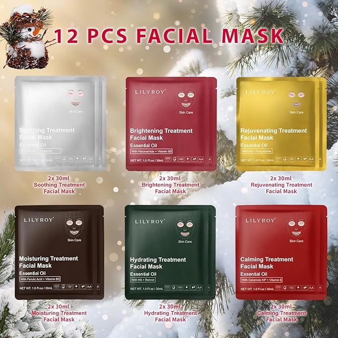 Christmas Gifts for Women and Men - 12 Packs Face Mask Set with Luxury Gift Box - Facial Mask Kit, Bath and Body Gift Set for Women | Perfect Gifts for Valentine's, Birthday, Mothers Day Gifts for Mom
