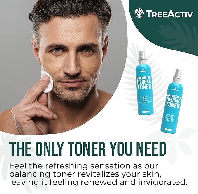 TreeActiv Balancing Herbal Toner | Facial Skin Moisturizer | Witch Hazel | Rose Water | Clary Sage | Tea Tree | Natural Astringent | Alcohol-Free | Reduce Oily Face Acne | Men, Women, Teens | 4 fl oz