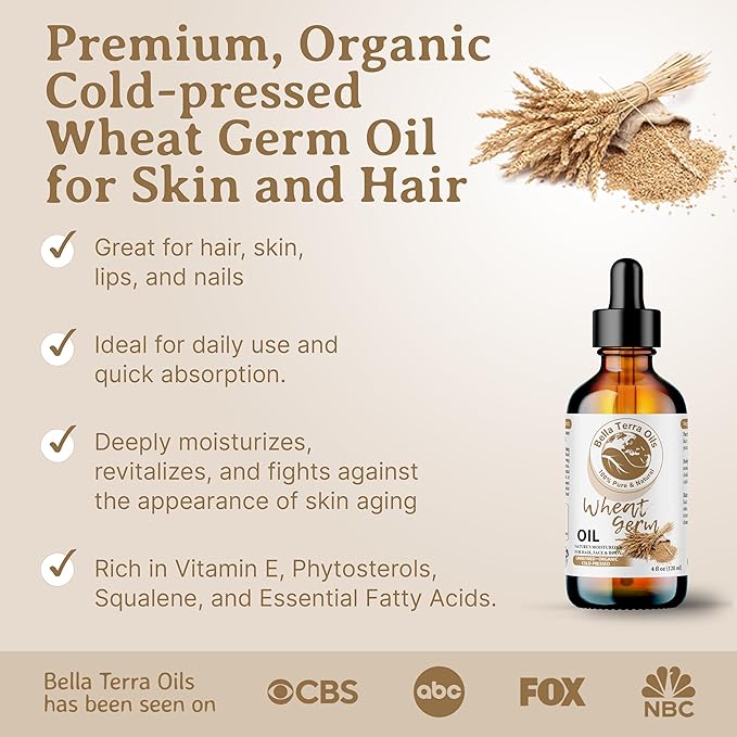 Bella Terra Oils - Organic Wheat Germ Oil 4oz - A Symphony of Vitamin E & C, Pure Essence of Face Oil, Dive into Natural Glow & Suppleness