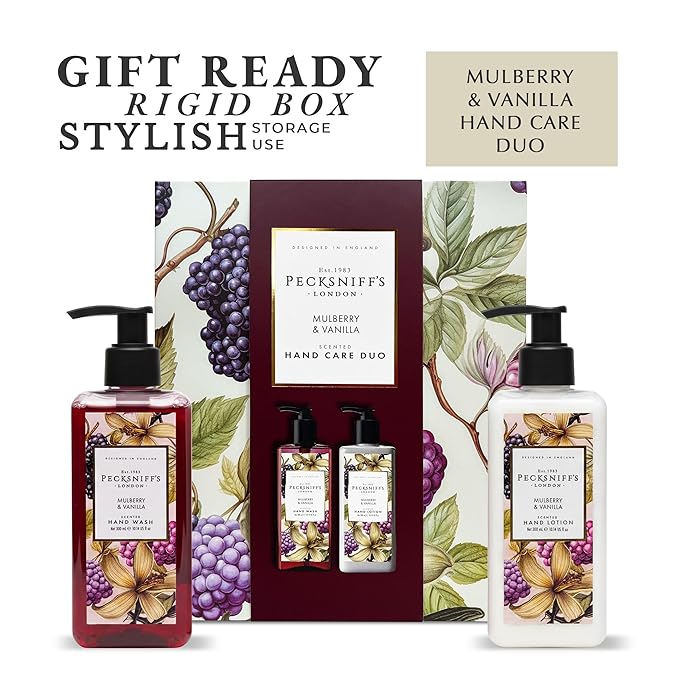 Pecksniffs Moisturizing Hand Wash and Hand & Body Lotion Caddy Set - WildWood Hand Care Duo Gift Set, Mulberry & Vanilla, Hard Box