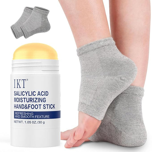 A pair of moisturizing heel socks, combined with a professional heel repair balm stick, deeply treats dry and cracked feet, providing intensive hydration and softening