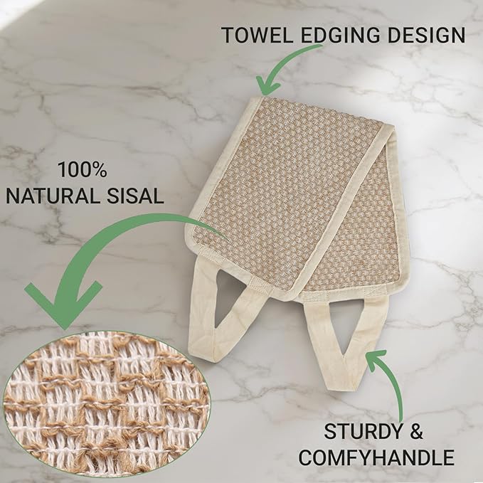 Back Scrubber for Shower with Handles | Natural Jute Body Exfoliator, Long Rectangular Bath Loofah for Deep Cleansing, Reusable Loofah for Women and Men (Exfoliating Back Scrubber)