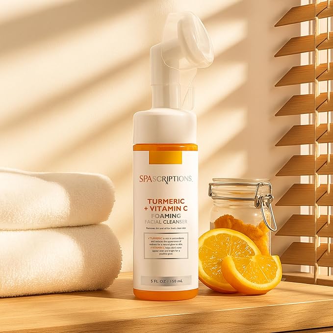SpaScriptions Turmeric + Vitamin C Foaming Facial Cleanser, pH Balanced, Non Comedogenic, Paraben Free, For All Skin Types, 5 fl oz / 150 mL