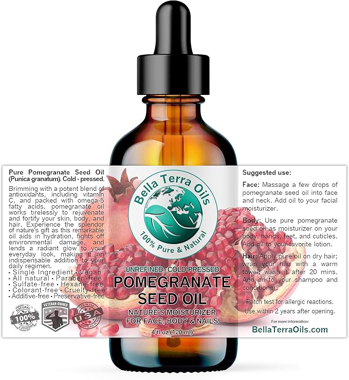 Bella Terra Oils - Organic Pomegranate Seed Oil 4 oz - A Powerhouse of Nutrients & Essential Fatty Acids, Delightfully Cold-Pressed for Pure Skin Nourishment