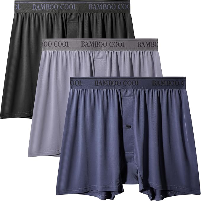 BAMBOO COOL Soft Men's Boxer Shorts 3 Pack,Silk Feeling Underwear for men with Button Fly,Breathable Loose Fit Boxers