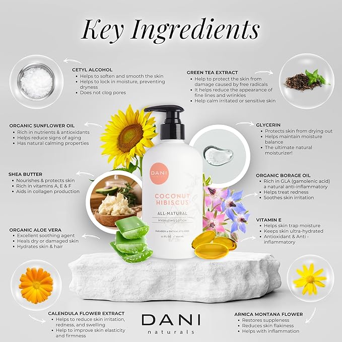 DANI Naturals Hand & Body Lotion - Coconut Hibiscus Scented, Moisturizing & Nourishing Lotion for Dry Skin, Deep Hydration with Natural & Organic Ingredients, Paraben-Free, Vegan & Cruelty-Free, 12 Oz