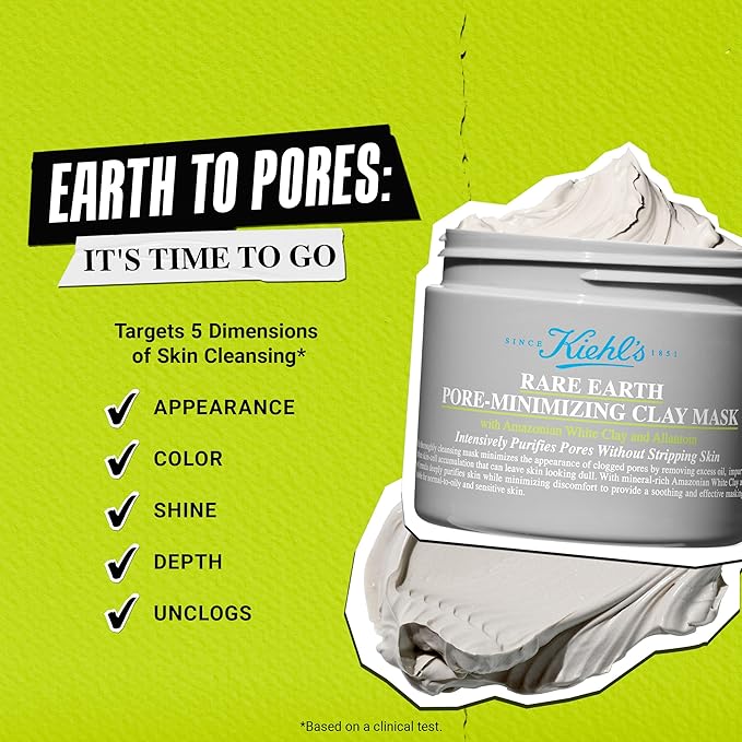 Kiehl's Rare Earth Pore Minimizer Face Mask, with Bentonite and Amazonian White Clay and Allantoin, Oil Absorbing Facemask for Normal to Oily Skin - 4.2 fl oz