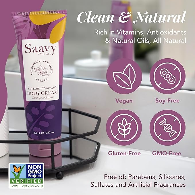 Saavy Naturals Body Cream | Made In USA | Absorbent Shea Butter Vegan Formula, Thick and Creamy Body Moisturizer, Body Lotion for Dry Skin- 8.5 Fl Oz, 2 Pack (2, Lavender Chamomile)