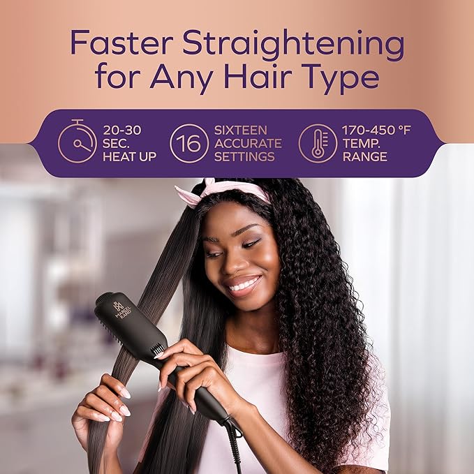 Professional Dual Voltage Hair Straightener Brush, Hair Straightening Brush w/Ions for Healthy, Anti Frizz, Flat Iron Comb w/ 16 Temps, Fast Heating, Styling Hot Dryer for Women