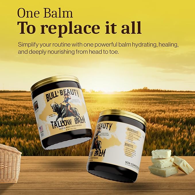 Bull & Beauty Organic Beef Tallow and Honey Balm 7.05oz Organic Beef Tallow for Skin - 100% Grass-Fed Unscented Beef Tallow Moisturizer for Skin & Face with Manuka Honey, Olive Oil & Beeswax