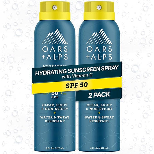 Oars + Alps Sunscreen Spray for Face & Body Spray Sunscreen Infused with Vitamin C & Antioxidants, No White Residue, Water & Sweat Resistant, All Skin Types, Lightweight, Hydrating, SPF 50, 6 Oz, 2pk
