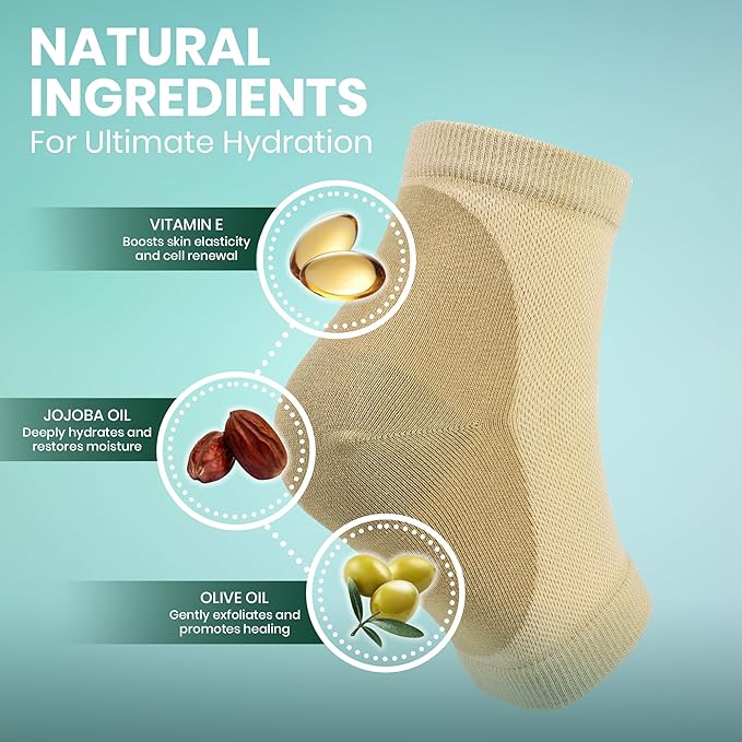 Moisturizing Heel Socks for Cracked Heels - Gel Socks for Dry Cracked Feet Repair - Silicone Socks for Women’s Foot Treatment & Overnight Hydration (Beige, 2-Pair)