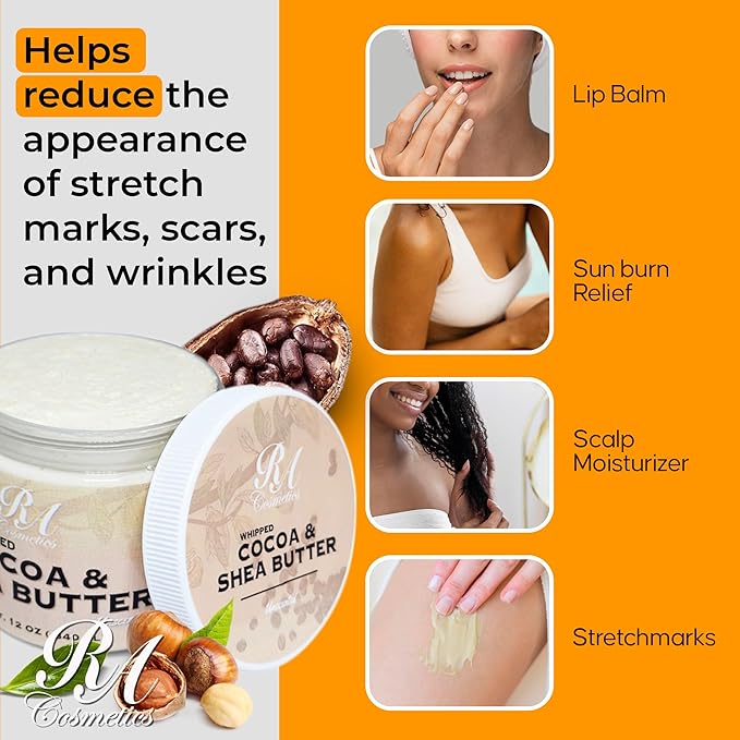 RA COSMETICS Whipped Cocoa & Shea Butter, Unscented - 12oz | 100% Pure & Natural Skin Moisturizer with Coconut Oil | Vitamin-Rich Body Butter for Soft, Supple, and Radiant Skin & Healthy Hairs