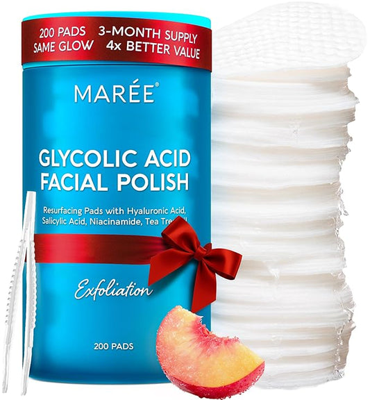 MAREE Glycolic Acid Pads – 200 Toner Pads for Face Cleansing – Facial Exfoliating Pad with Tea Tree Oil, Salicylic Acid & Vitamins E, B3, B5 – Acne Clearing Face Pad, Skin Pore Resurfacing & Radiance