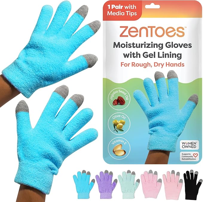 ZenToes Moisturizing Gloves for Dry Hands, Gel Infused with Jojoba Seed Oil, Olive Oil and Vitamin E, Overnight Hand Moisturizer (OSFM, Fuzzy Blue with Media Tips)