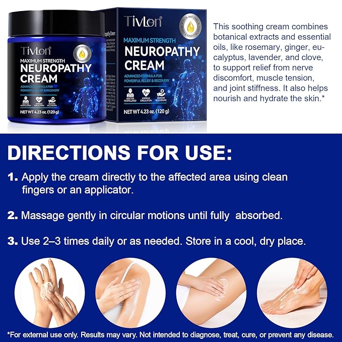 Neuropathy Nerve Care Cream for Feet, Hands, Legs & Toes - Fast-Acting with Natural Ingredients to Soothe Tingling & Burning, Non-Greasy & Cooling for Comfort, 4.23oz