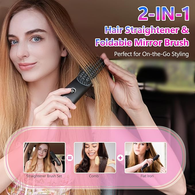 LCD Screen Cordless Hair Straightener Curler 2 in 1, Portable Mini Hair Straightening Brush for Travel Negative Ionic Fast Heating Hot Comb for Women, Folding Brush with Mirror, Black