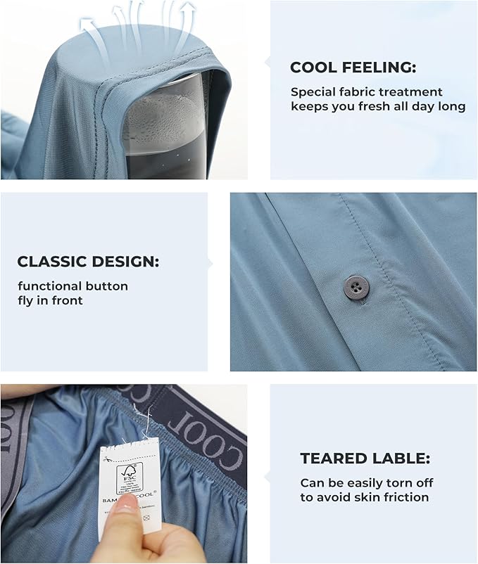 BAMBOO COOL Soft Men's Boxer Shorts 3 Pack,Silk Feeling Underwear for men with Button Fly,Breathable Loose Fit Boxers