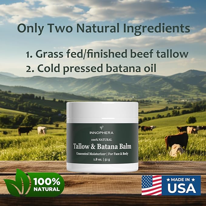 Beef Tallow Balm for Skin Care ‒ With Batana Oil from Honduras ‒ 100% Natural Moisturizer for Sensitive Skin, Face, and Body ‒ Unscented ‒ 1.8 oz.