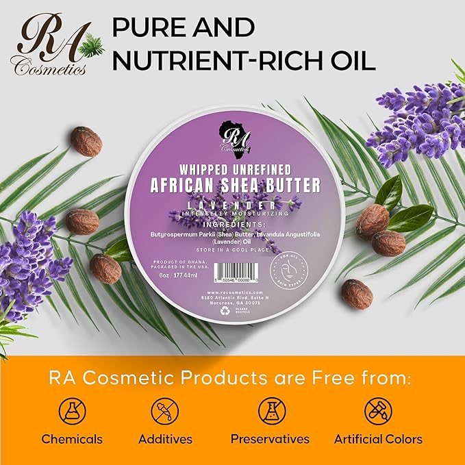 RA COSMETICS Whipped Shea Butter Lavender – 6oz | 100% Pure and Natural African Shea Butter for Men & Women - Ultimate Handcrafted Moisturizer with Essential Vitamins for Radiant Skin & Luscious Hair